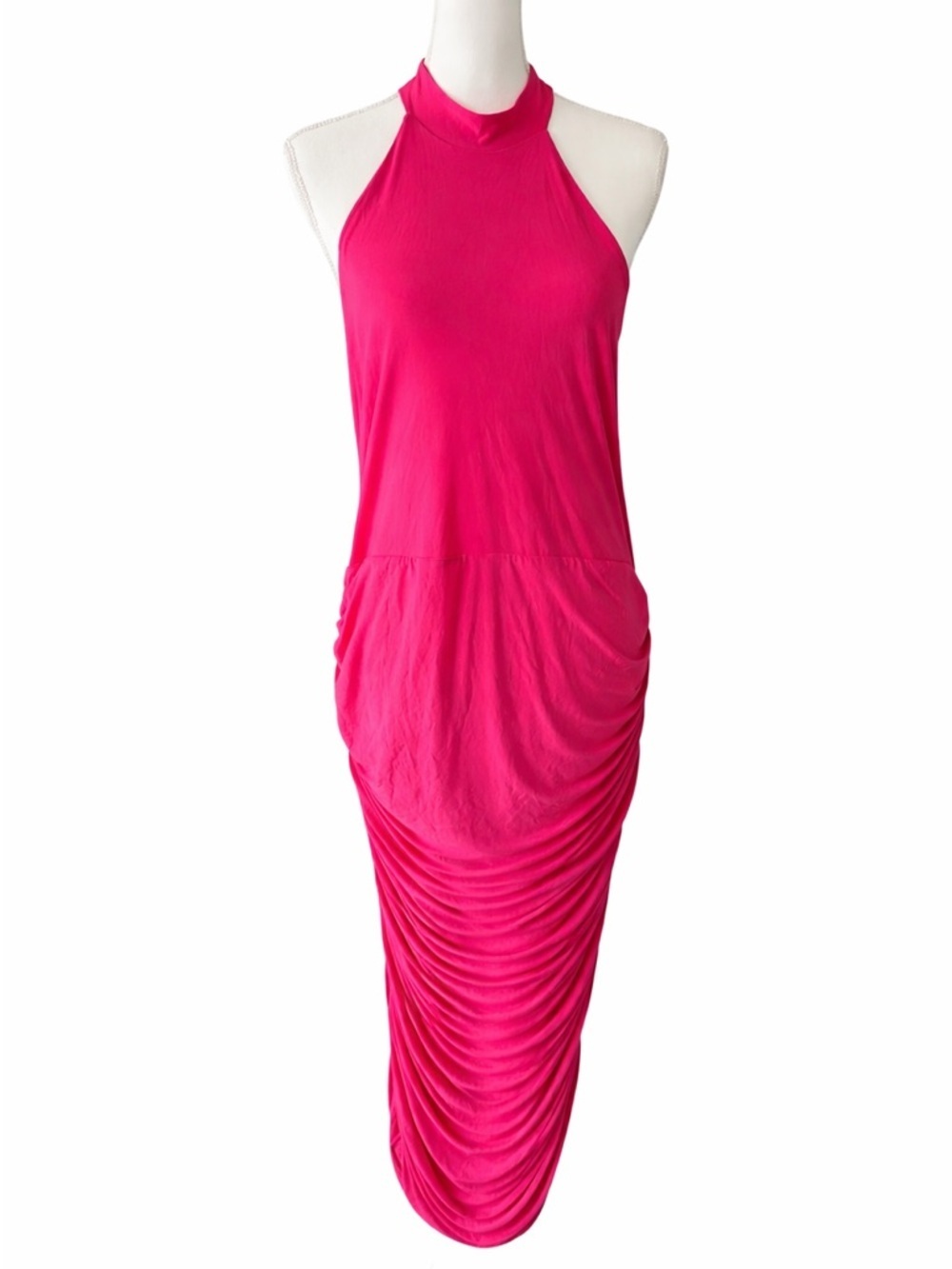 Club London Chrissy Hot Pink Halterneck Ruched Midi Dress Size 16